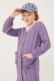 GK1120 Lavender Girls Cable Detail V Neck Buttoned Longline Sweater Cardigan Side
