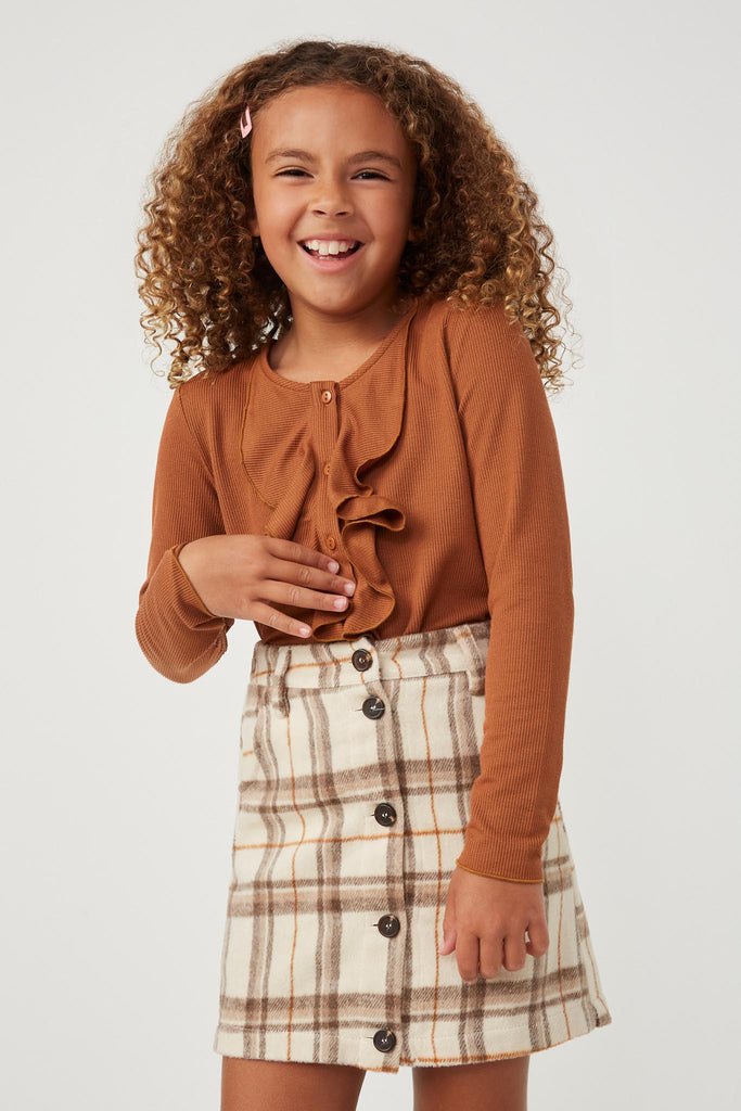 GK1154 BROWN Girls Ruffle Front Buttoned Ribbed Knit Top Front