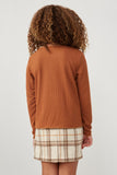 GK1154 BROWN Girls Ruffle Front Buttoned Ribbed Knit Top Back