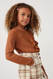 GK1154 BROWN Girls Ruffle Front Buttoned Ribbed Knit Top Side