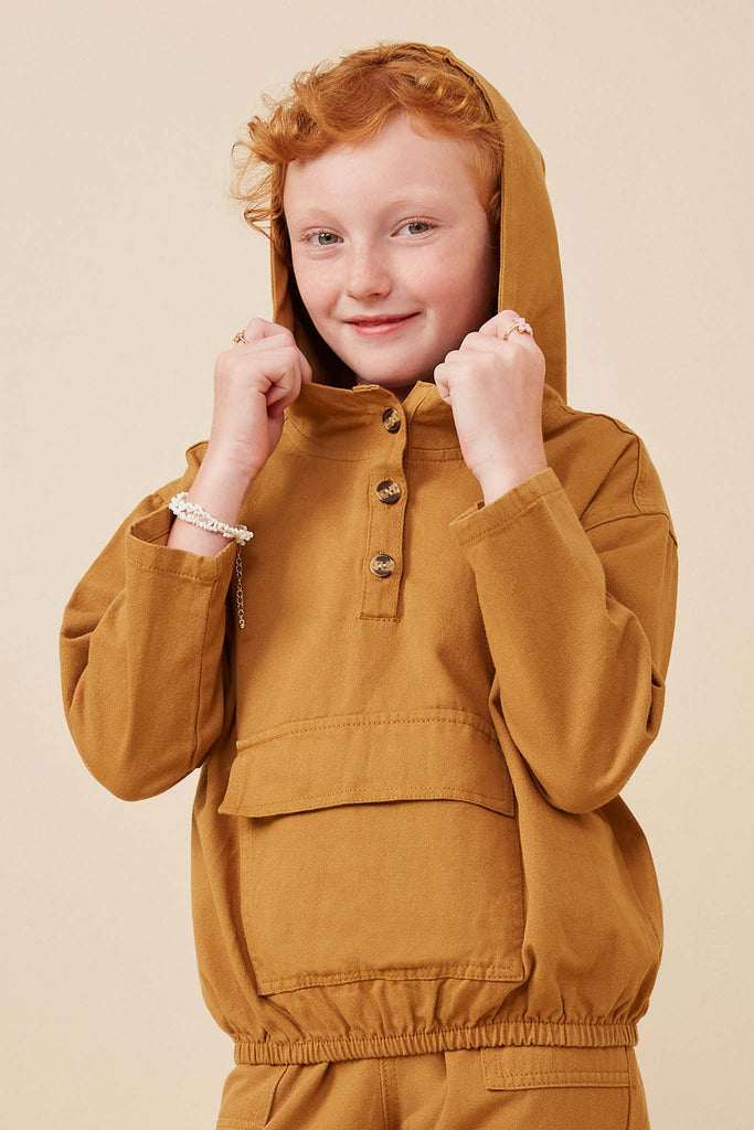 GK1211 Mustard Girls Buttoned Cargo Pocket Hooded Top Pose