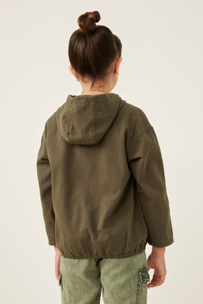 GK1211 Olive Girls Buttoned Cargo Pocket Hooded Top Back