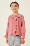 Exaggerated Ruffle Placket Long Sleeve Top