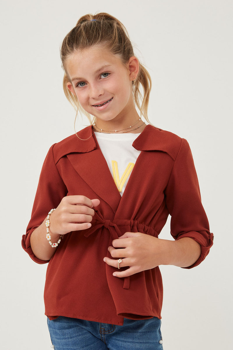 GK1293 Rust Girls Cropped Trench With Tie Closure Front