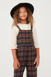 GK1310 NAVY Girls Button Detail Brushed Plaid Overalls Front