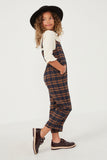 GK1310 NAVY Girls Button Detail Brushed Plaid Overalls Side