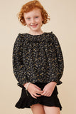 GK1324 BLACK Girls Ruffle Detail Ditsy Floral Top Front