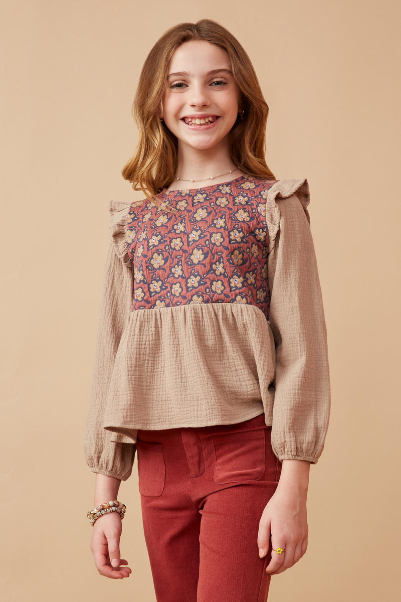 GK1399 TAUPE Girls Textured Floral Panel Mix Media Ruffled Top Front