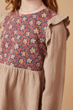 GK1399 TAUPE Girls Textured Floral Panel Mix Media Ruffled Top Detail