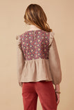 GK1399 TAUPE Girls Textured Floral Panel Mix Media Ruffled Top Back