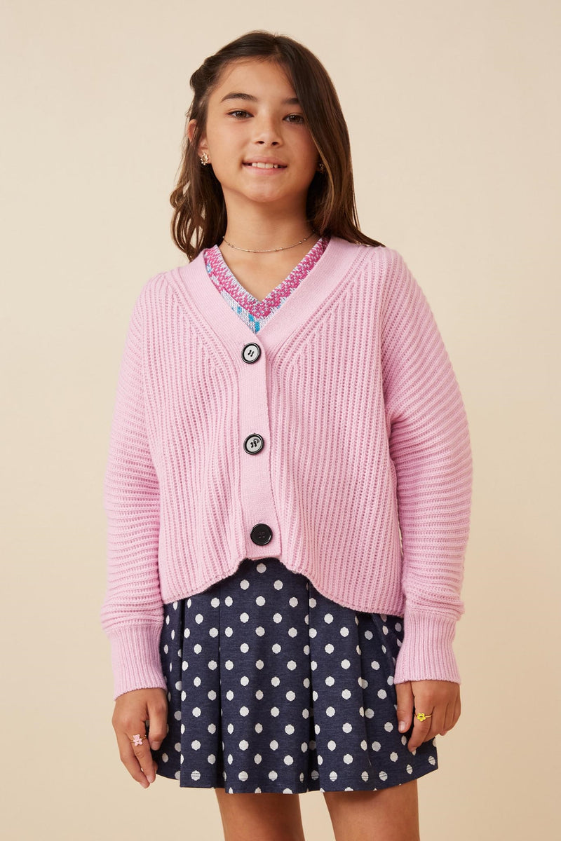 GK1415 PINK Girls Ribbed Button Down Dolman Sleeve Cardigan Front
