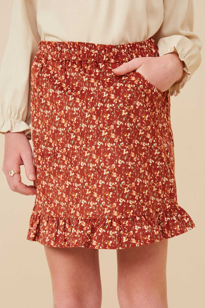 GK1428 Rust Girls Ditsy Floral Ruffled Corduroy Skirt Front