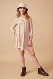 GK1451 TAUPE Girls Floral Embroidered Textured Shift Dress Full Body