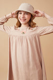 GK1451 TAUPE Girls Floral Embroidered Textured Shift Dress Front