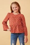 GK1456 Rose Girls Heart Print Tiered Trumpet Sleeve Top Front