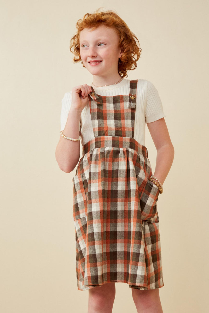 GK1458 Rust Girls Plaid Patch Pocket Overall Front