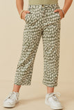 GK1463 Olive Girls French Terry Daisy Print Wide Leg Knit Pants Front