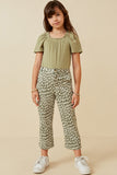 GK1463 Olive Girls French Terry Daisy Print Wide Leg Knit Pants Full Body