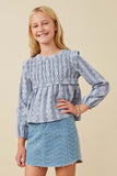 GK1466 Dusty Blue Girls Embroidery Printed Smocked Long Sleeve Top Front