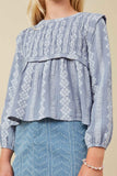 GK1466 Dusty Blue Girls Embroidery Printed Smocked Long Sleeve Top Detail