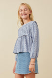 GK1466 Dusty Blue Girls Embroidery Printed Smocked Long Sleeve Top Front 2