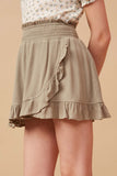 GK1485 OLIVE Girls Smocked Waist Asymmetric Ruffle Detail Skirt Side
