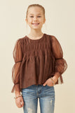 Peasant Sleeve Smocked Mesh Top