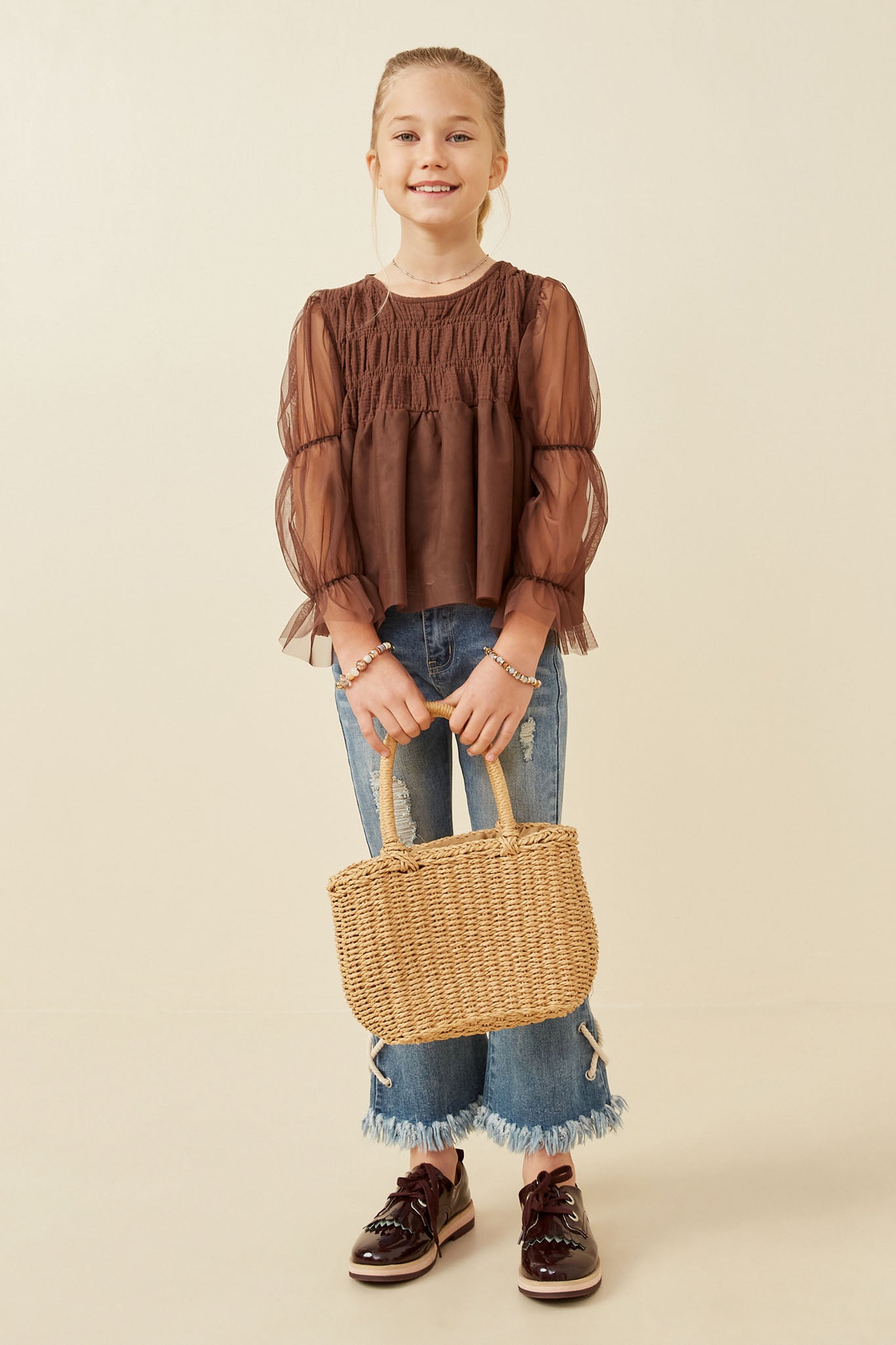 Peasant Sleeve Smocked Mesh Top