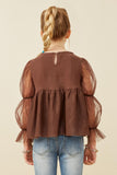 GK1500 Brown Girls Peasant Sleeve Smocked Mesh Top Back