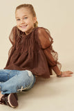 GK1500 Brown Girls Peasant Sleeve Smocked Mesh Top Pose