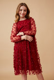 GK1513 Burgundy Girls Floral Applique Long Sleeve Mesh Dress Front