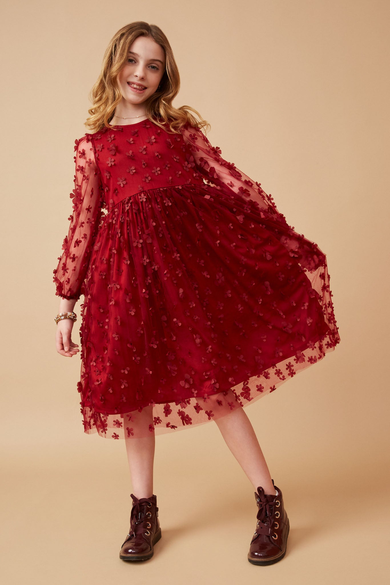 Floral Applique Long Sleeve Mesh Dress
