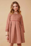 GK1514 BURGUNDY Girls Piping Detailed Houndstooth Box Pleat Dress Front