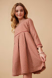 GK1514 BURGUNDY Girls Piping Detailed Houndstooth Box Pleat Dress Side