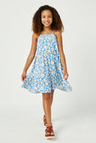 GN4070 BLUE Girls Smocked Bodice Daisy Print Tiered Dress Full Body