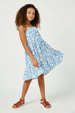 GN4070 BLUE Girls Smocked Bodice Daisy Print Tiered Dress Side