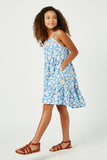 GN4070 BLUE Girls Smocked Bodice Daisy Print Tiered Dress Full Body 2