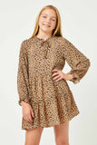 GN4129 LEOPARD Girls Leopard Print Tie Neck Ruffled Sleeve Dress Front 2