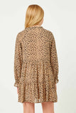 GN4129 LEOPARD Girls Leopard Print Tie Neck Ruffled Sleeve Dress Back