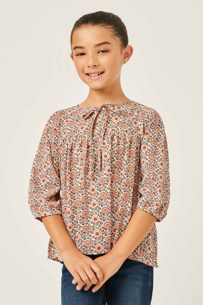GN4172 IVORY Girls Tie Neck Floral Printed Peasant Top Front