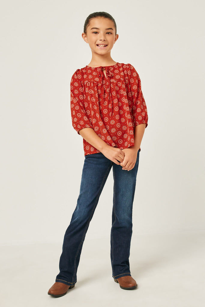 GN4172 RUST Girls Tie Neck Floral Printed Peasant Top Full Body