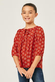 GN4172 RUST Girls Tie Neck Floral Printed Peasant Top Front