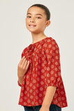 GN4172 RUST Girls Tie Neck Floral Printed Peasant Top Back