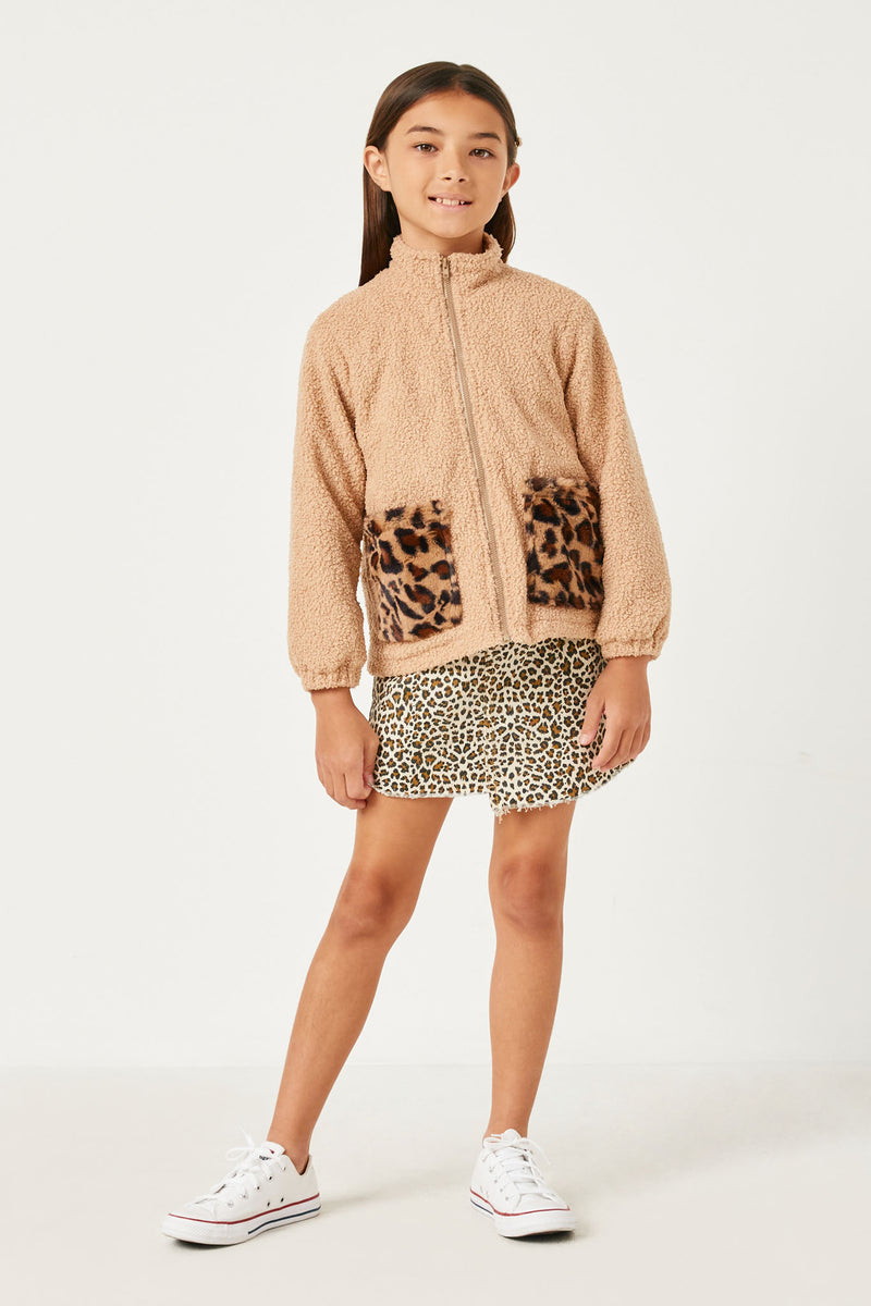 GN4175 LATTE Girls Contrast Leopard Pocket Fleece Zip Up Jacket Full Body