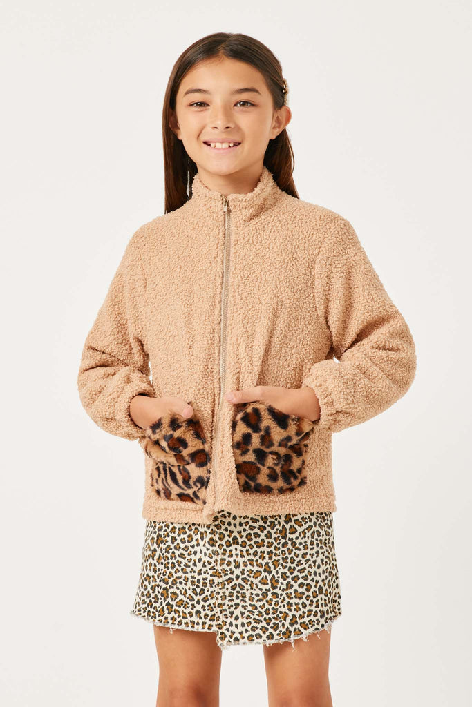 GN4175 LATTE Girls Contrast Leopard Pocket Fleece Zip Up Jacket Front