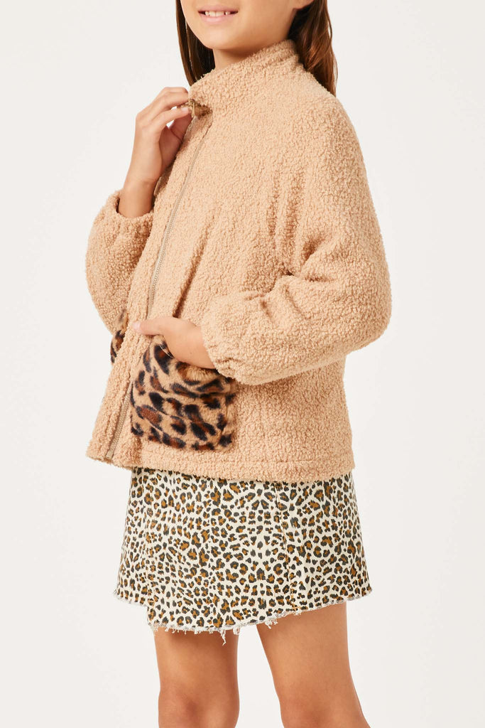 GN4175 LATTE Girls Contrast Leopard Pocket Fleece Zip Up Jacket Side