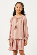 GN4196 MAUVE Girls Satin Look Smocked Cuff Tie Neck Dress Front