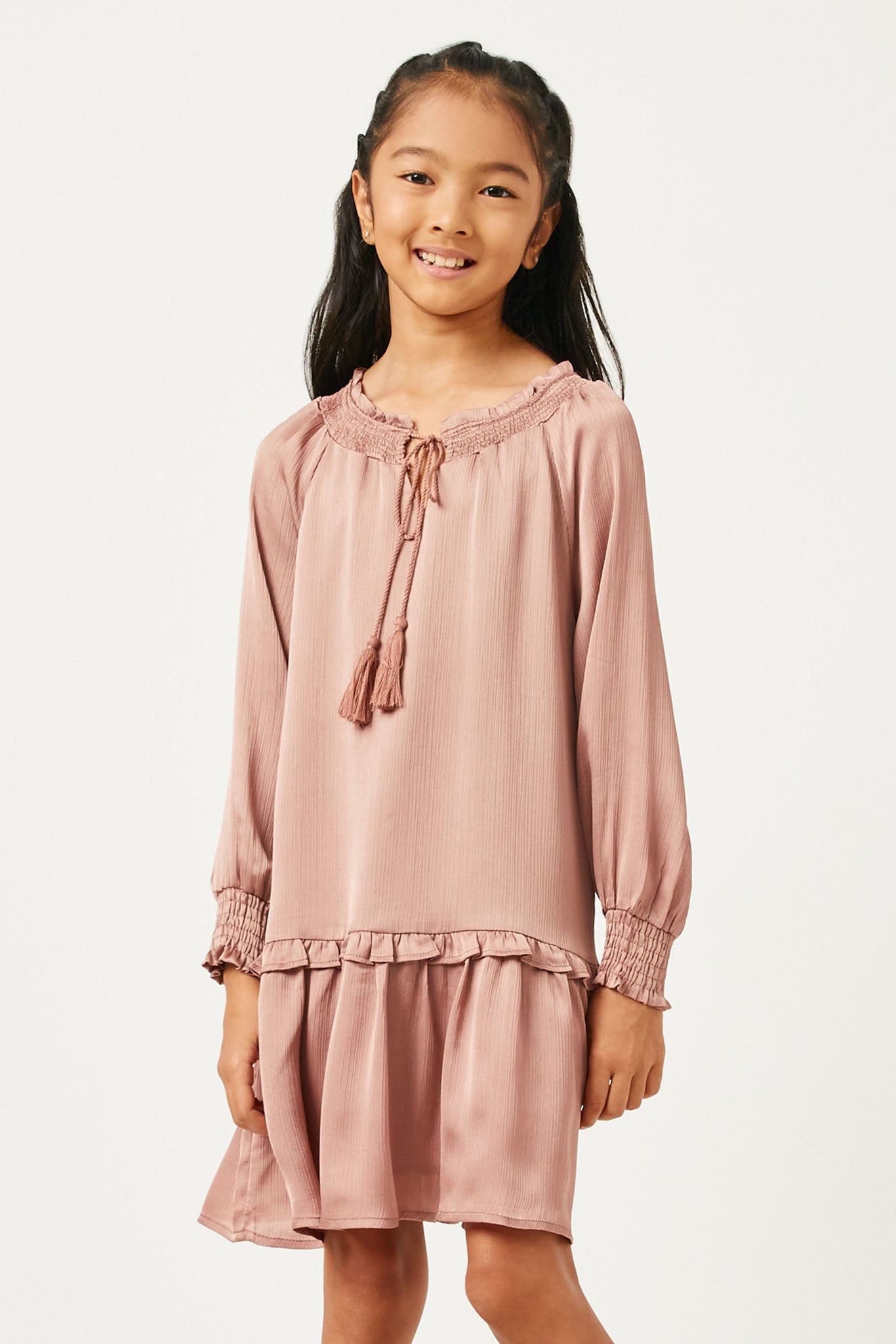 GN4196 MAUVE Girls Satin Look Smocked Cuff Tie Neck Dress Front