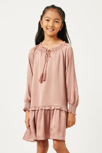 GN4196 MAUVE Girls Satin Look Smocked Cuff Tie Neck Dress Front