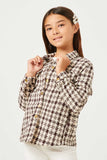 GN4239 BROWN Girls Textured Checker Side Pocket Shacket Front